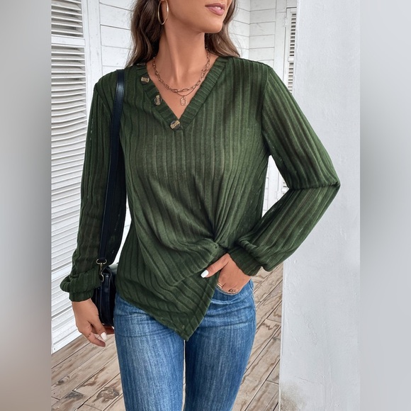 Twisted V-Neck Buttoned Long Sleeve T-Shirt - Picture 1 of 4
